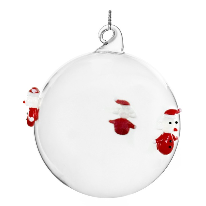 Boule transparente ornée de petits personnages de Noël en rouge et blanc.