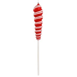 Sucette spirale rouge et blanche sur un bâtonnet blanc, festive et colorée.