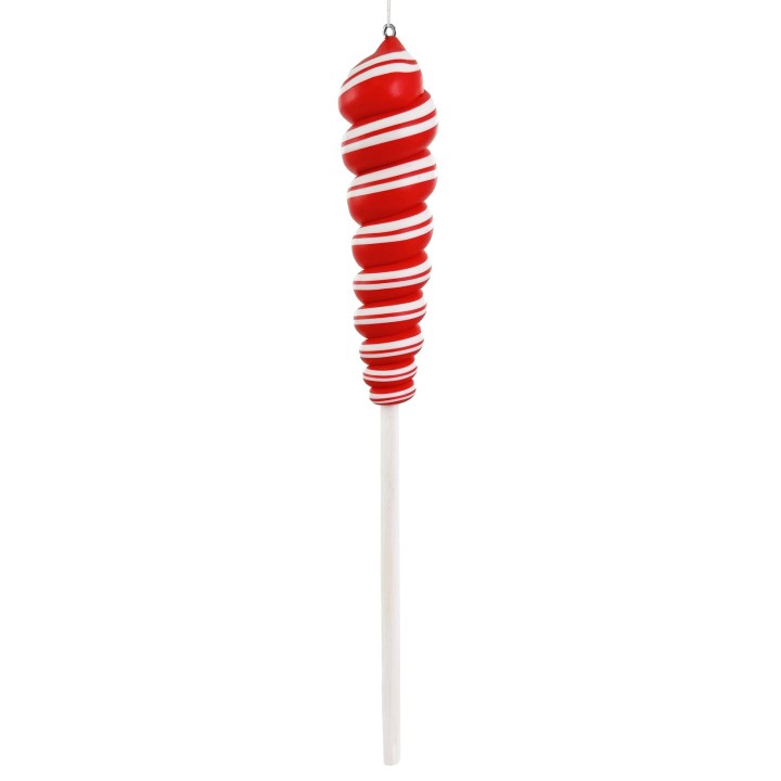 Sucette spirale rouge et blanche sur un bâtonnet blanc, festive et colorée.
