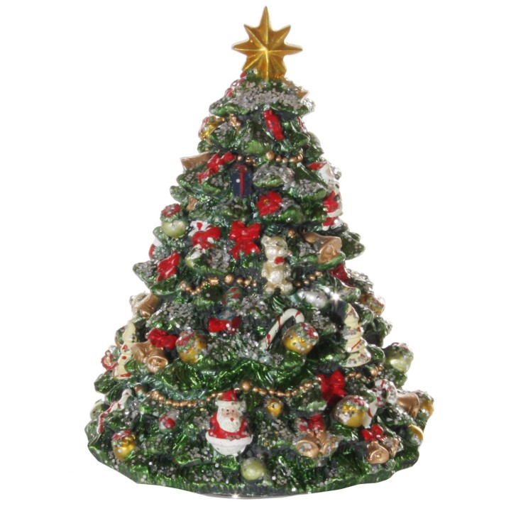 Arbre de Noël décoré, vert émeraude, orné de rouge, or et figurines festives.