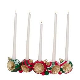 Bougeoirs festifs aux couleurs vives, ornés de motifs de Noël et de bougies blanches.