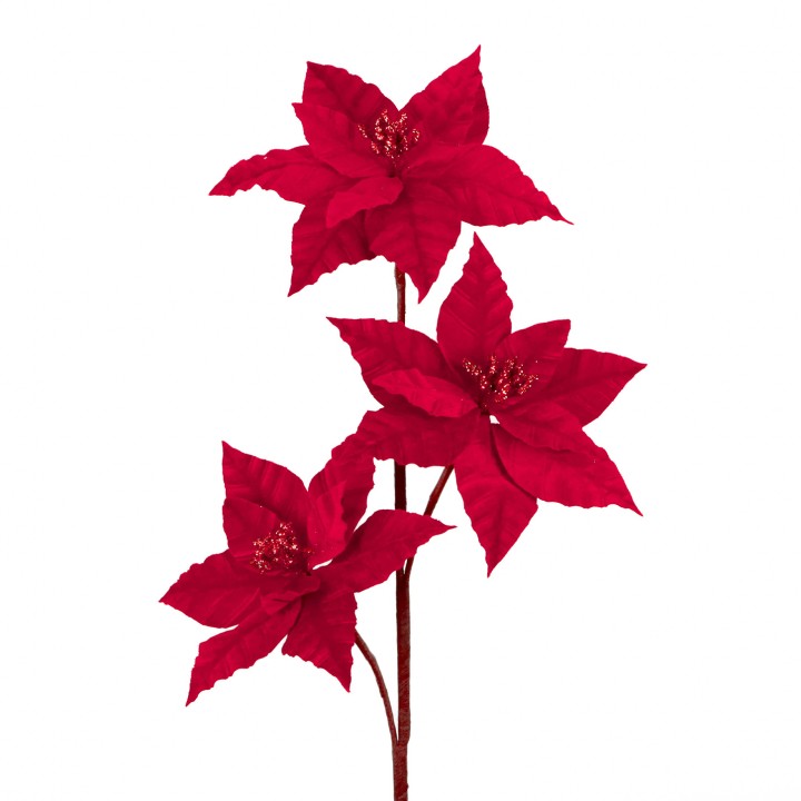 Tige de 3 poinsettias en velours rouge