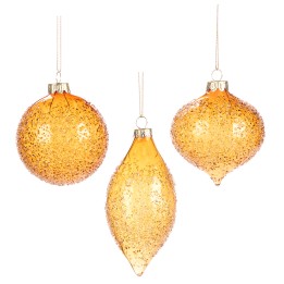 Boules de Noël en verre doré, texturées avec des reflets brillants et variés.