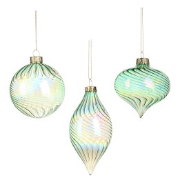 Boules de Noël en verre irisé, aux teintes vertes et formes élégantes.