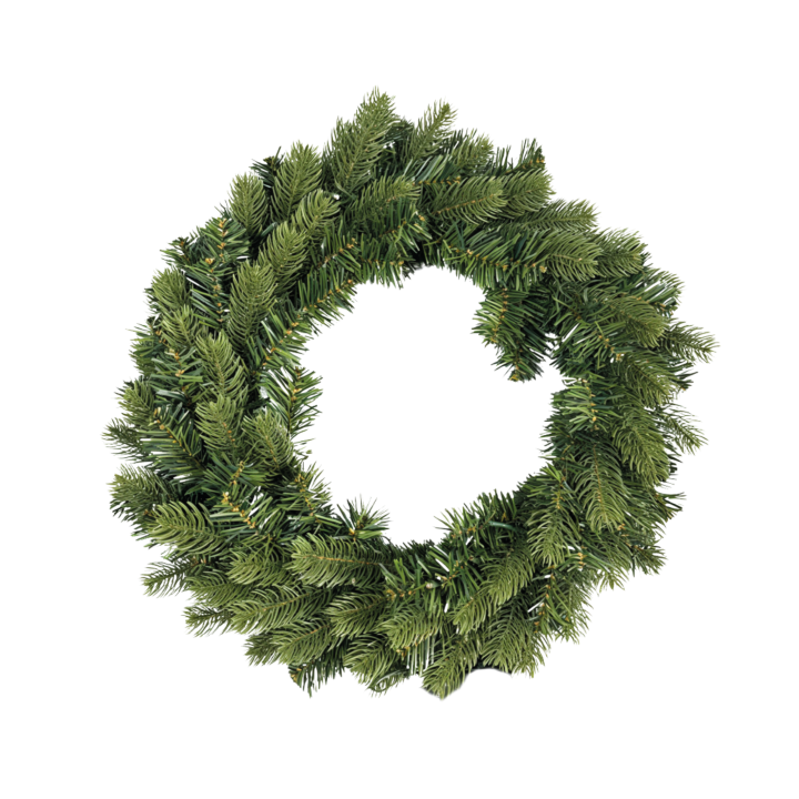 Couronne de sapin artificiel, feuillage vert dense, forme circulaire, aspect naturel.