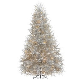 Sapin artificiel blanc scintillant, illuminé de petites lumières dorées.