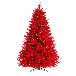 Sapin de Noël rouge éclatant, décoré de lumières, branches en forme d'aiguilles.