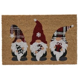 Tapis de porte en jute avec trois nains de Noël colorés, portant des chapeaux festifs.