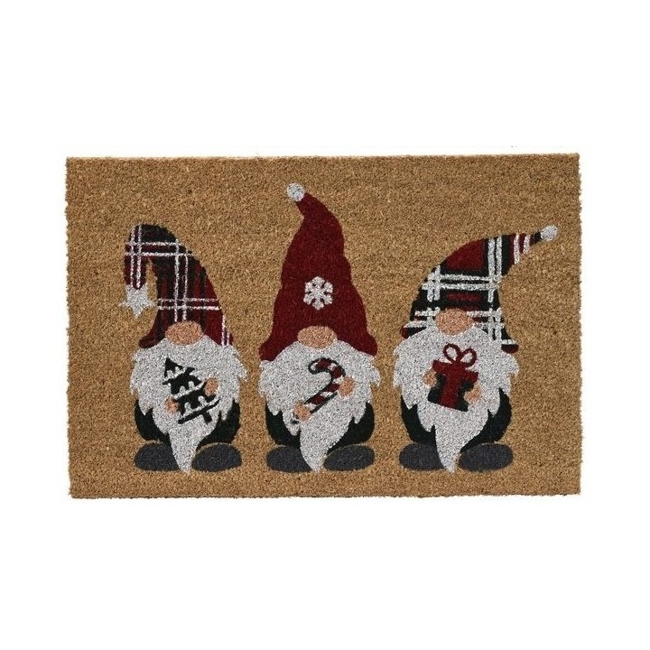 Tapis de porte en jute avec trois nains de Noël colorés, portant des chapeaux festifs.