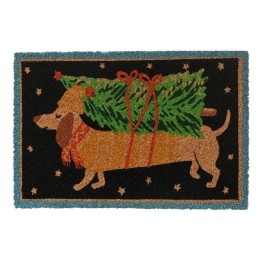 Un tapis représentant un chien saucisse portant un sapin de Noël, coloré et festif.