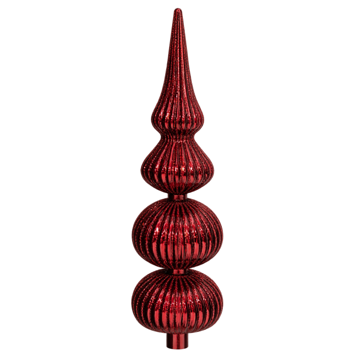 Objet décoratif en verre rouge brillant, formé de trois sections en bulbes superposés.