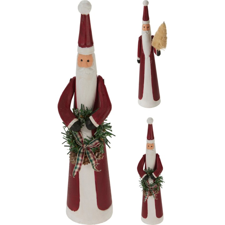 Poupées de Noël en bois, rouges et blanches, avec décorations rustiques et chapeaux pointus.