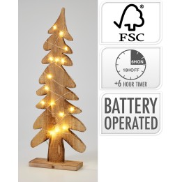 Arbre en bois avec lumières, style rustique et chaleureux, ambiance festive.