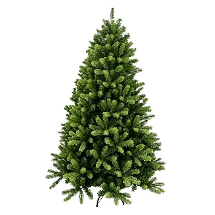 Sapin artificiel vert, dense et en forme de cône, évoquant la nature festive.