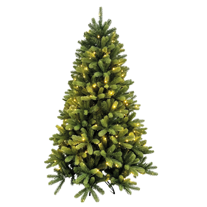 Sapin vert lumineux, décoré de guirlandes dorées, émet une ambiance festive et chaleureuse.