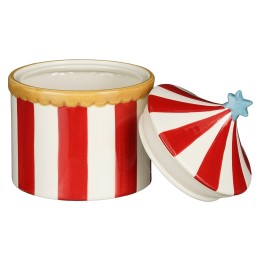 Boîte en céramique rayée rouge et blanche, couvercle en forme de chapiteau avec étoile.