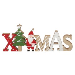 Décor festif en bois avec un sapin, un père Noël et des lettres colorées.