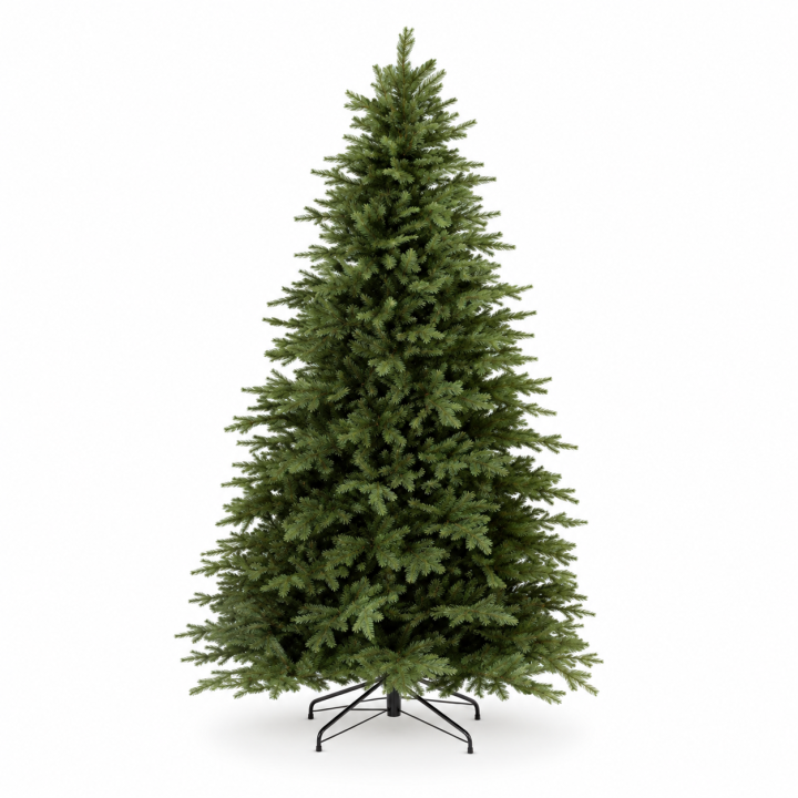 Sapin artificiel vert, en forme de cône, reposant sur un support noir élégant.