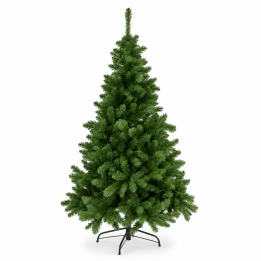 Sapin de Noël artificiel vert, forme conique, branches denses, support noir.