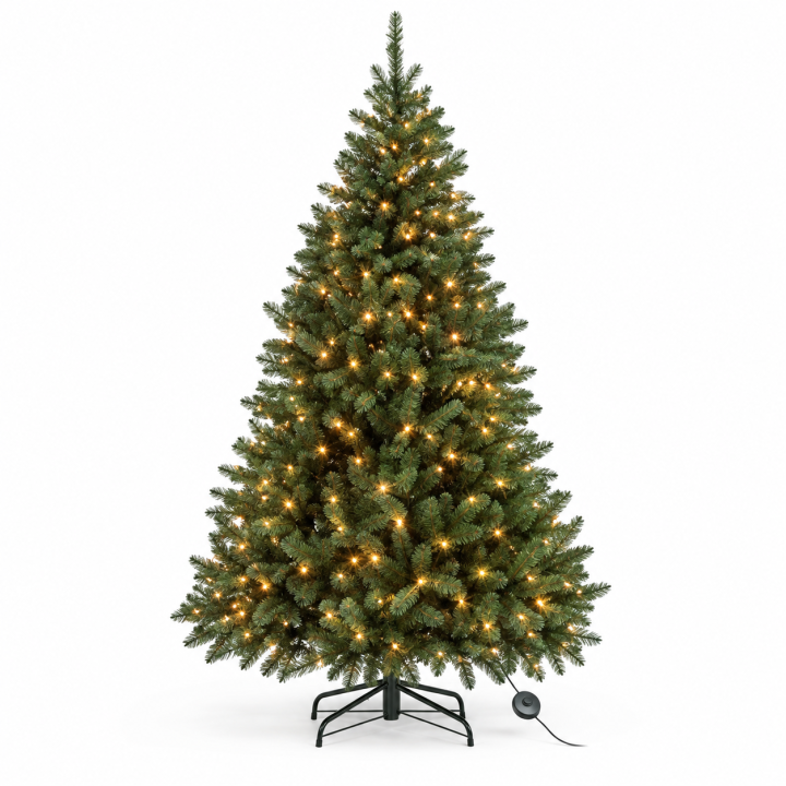 Sapin de Noël artificiel, vert, garni de lumières dorées sur un support noir.