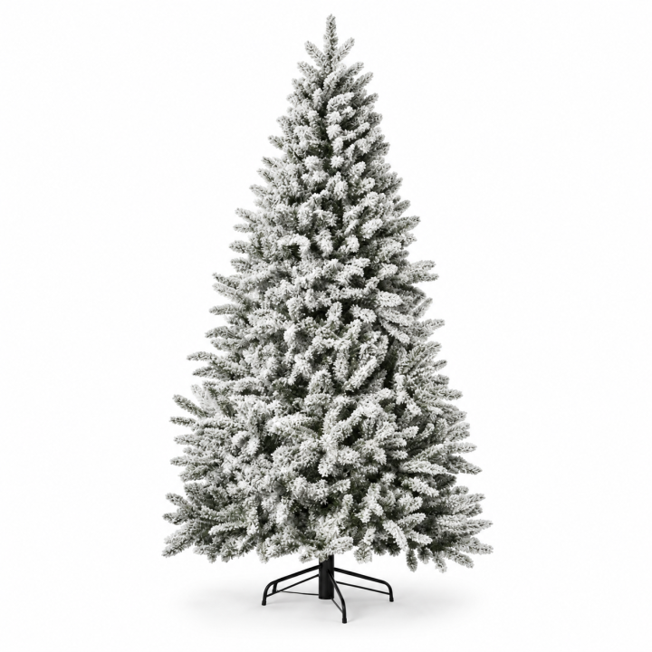Sapin enneigé, branches denses, vert tendre, faux flocons, support noir.