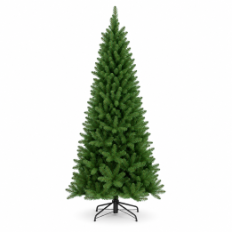 Sapin de Noël artificiel vert, forme conique, branches denses sur un support noir.