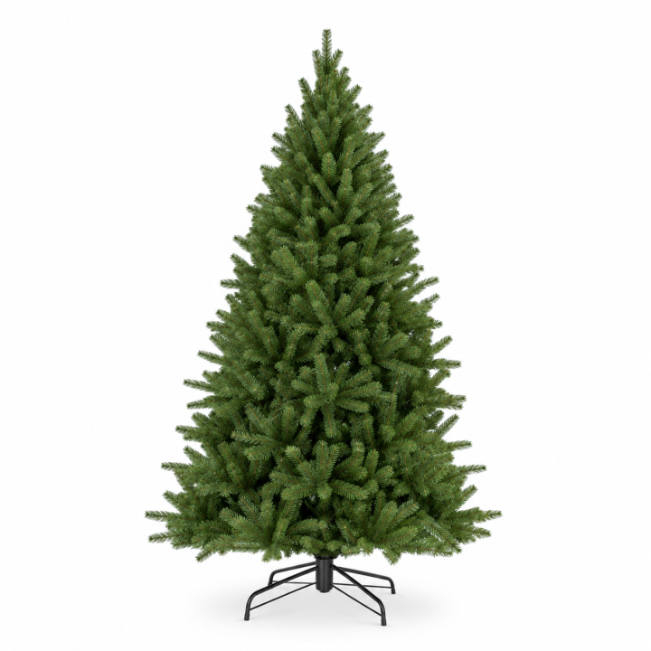 Sapin de Noël artificiel vert, en forme conique, avec un support noir.