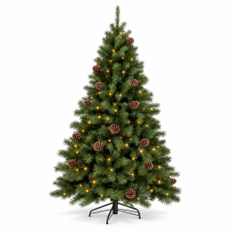 Sapins vert éclatant, décoré de pommes de pin et illuminé de petites lumières.